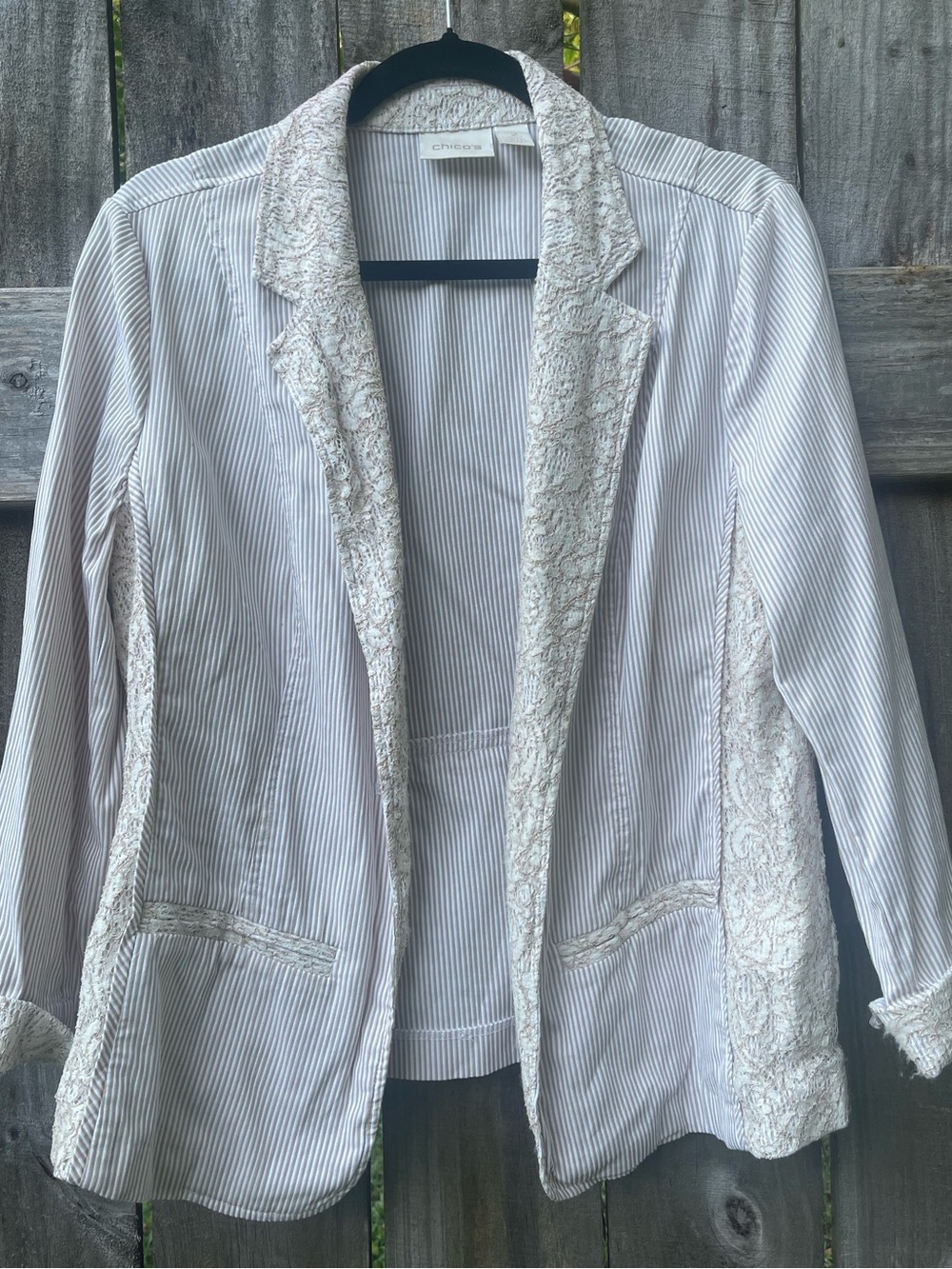Chico's Cream and Light Tan Pinstripe Blazer with Lace Trim Chico Sz 2 (women 12